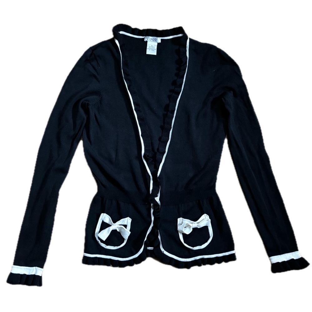Vintage Cache Black White Lightweight Cardigan  Top Small Ruffle Trim Retro Twee